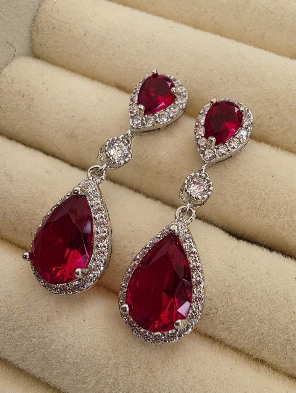 Sterling Silver Red Teardrop Dangle Earrings with Crystal Accents • 5.57g